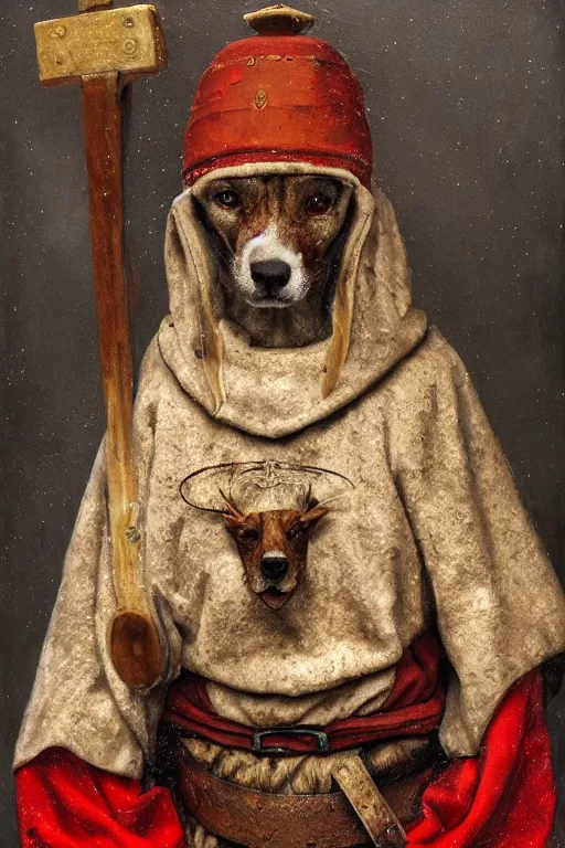 Image similar to Slavic dog head man, woolen torso in medieval clothes, Orthodox Saint Christopher, oil painting, hyperrealism, beautiful, high resolution, trending on artstation, with an axe,