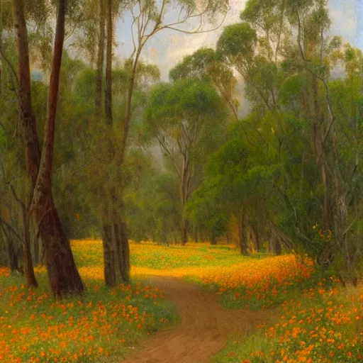 Prompt: a painting of a dirt road surrounded by eucalyptus trees and california golden poppies, woodland hill in the distance. an oil painting by Julian Onderdonk, featured on deviantart, australian tonalism, pre-raphaelite, impressionism, detailed painting