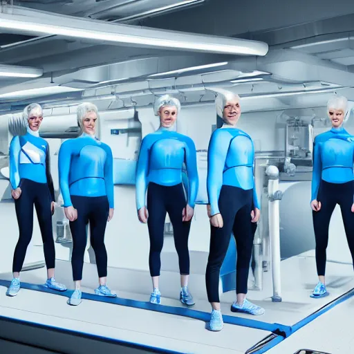 Image similar to group of athletic humans with light blue neoprene suits and white hair standing in tight formation on a conveyor belt, futuristic laboratory, sci - fi, highly detailed, hyperrealistic