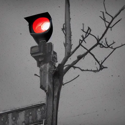 Image similar to ominous dark perched crow with glowing red surveillance camera lens for an eye (detailed realistic photograph) (gritty atmosphere)