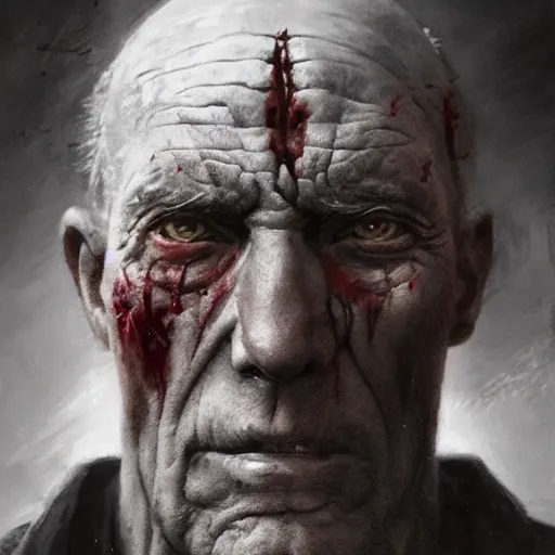 Image similar to close-up, symmetrical, portrait of an old man, bruised, scarred, marvel art, art by greg rutkowski, matte painting, trending on artstation