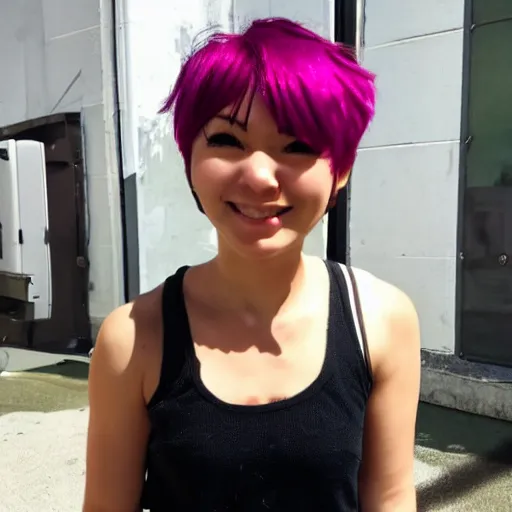 Image similar to anime woman with short pink hair in a bob style, light brown eyes, blue tank top, black pants, waving and smiling