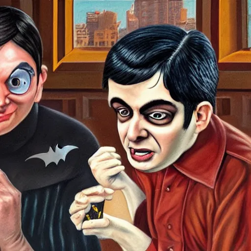 Image similar to beautiful lifelike painting of martin shkreli and the batman happily married, hyperreal detailed facial features and uv lighting, art by ed roth and basil wolverton