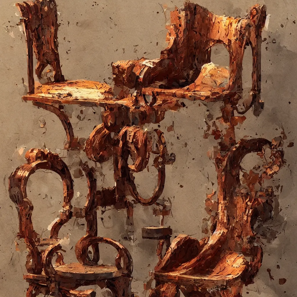 Image similar to a cat character laying, wood carved chair, super powers, concept art, by greg rutkowski, old copper pipes, complementing colors