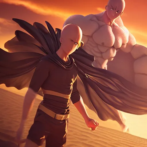 Prompt: onepunchman in sand beach, pixiv, instagram photo, 8 k, octane render, unreal engine 5, cinematic, full hd, ultra realistic, ultra detailed, 8 k 3 d