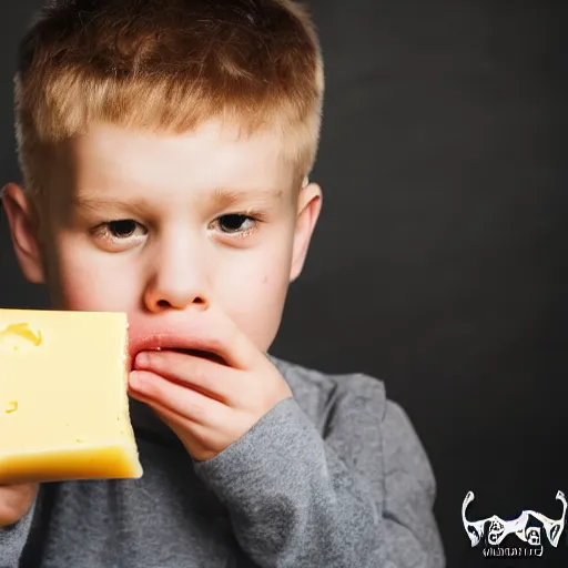Prompt: boy eating a big piece of cheese, Tattoo, Shot on 70mm, by Wētā FX