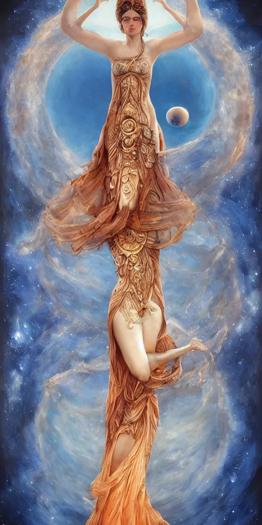 Image similar to full body portrait of beautiful goddess of mars theme inspired wearing blue and white carved details moving dress, she is floating in the air, planet mars in the background, open sky, highly detailed, mystical, little orange fog, circle forms, iper realistic, paint on canvas, art by tom bagshaw and karol bak