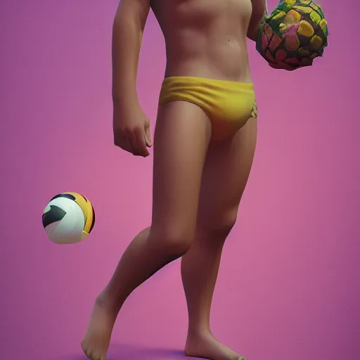 Prompt: Michael Meyers on the beach in swimming trunks with pineapple design holding a pink flamingo volleyball, hyperdetailed, artstation, cgsociety, 8k