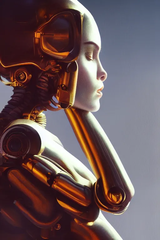 Prompt: a close-up of female robot, dramatic backlighting, golden hour, autochrome, high contrast, highly detailed, sharp focus, digital painting, concept art, illustration, rock, trending on artstation, art Ruan Jia and Raphael, Art directed by Shepard Fairey and Mandy Jurgens, color scheme by Goya