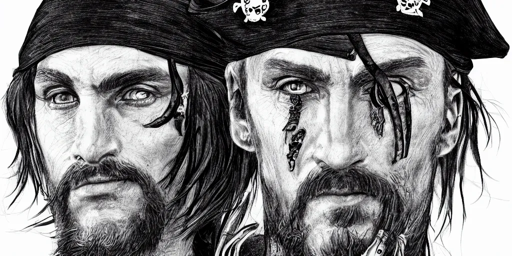 Image similar to realistic portrait of a handsome pirate captain with black hair, 1450, ink, ultra realistic, 8k