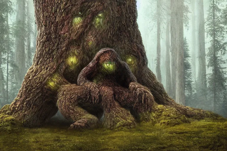 Image similar to huge tree monster in a swedish forest, very low angle photograph, very detailed, trending on artstation, realistic, soft colors, illustration by john bauer, simon stålenhag