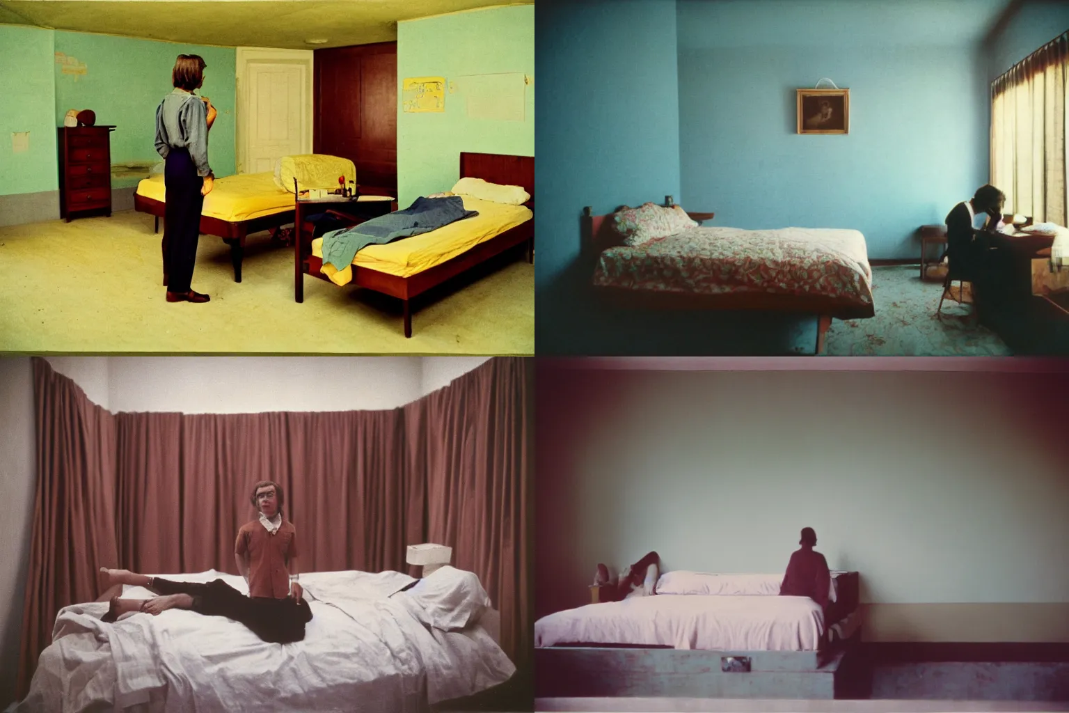 Prompt: photo taken with provia provia photo taken with ektachrome by Wes Anderson flickr american barbizon school a matte painting a person standing in a bedroom next to a bed 1976