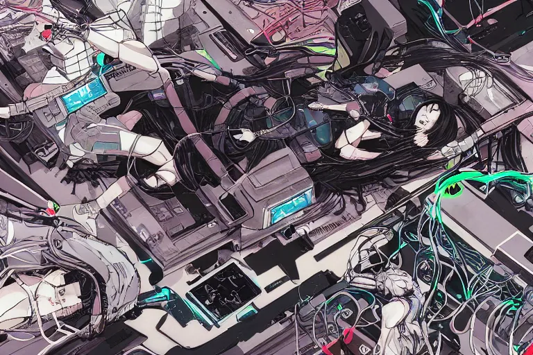 Image similar to a cyberpunk illustration of a group of female androids in style of masamune shirow, lying on an abstract, empty, white floor with their body parts scattered around in various poses and cables and wires coming out, by yukito kishiro and katsuhiro otomo, hyper-detailed, intricate, view from above