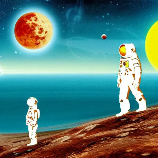 Image similar to Computer art. A beatiful illustration of a planet with two moons in the background. In the foreground, there is a woman wearing a spacesuit and holding a phaser. She is standing on a rocky surface, and there is a ship in the distance. by Terada Katsuya, by Bob Ross peaceful