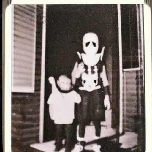 Prompt: found polaroid on a table. picture of a young child with a scary mask on a front porch. dark and spooky, flash photography