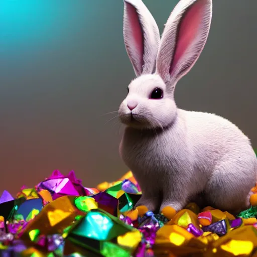 Prompt: A bunny is surrounded by rainbow colored gems and crystals. 8k, Octane Render, High Detail, Ray-tracing.