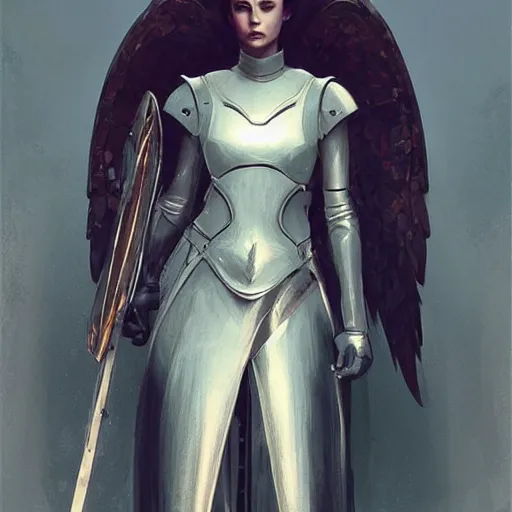 Image similar to angel in plastic armor, high fashion, pretty face, full body shot, well built, art by greg rutkowski