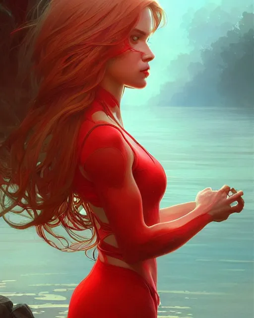 Prompt: emily rajtkowski, lake, red, highly detailed, digital painting, artstation, concept art, smooth, sharp focus, illustration, art by artgerm and greg rutkowski and alphonse mucha