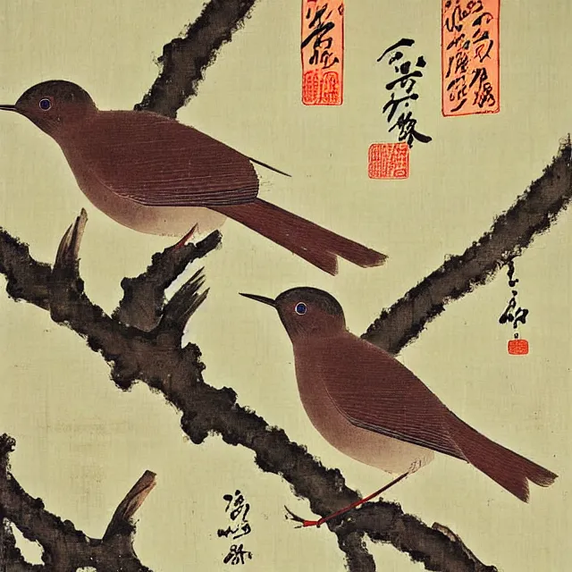 Image similar to a beautiful painting two nightingales kissed on the plum tree, by zhang daqian painting