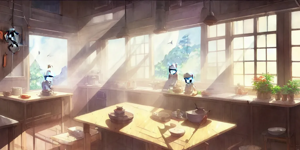 Prompt: interior background art, bright window lit kitchen, morning, steaming food on the stove, wooden floors, houseplants, ghosts, cottage decor, anime, trending on pixiv fanbox, painted by greg rutkowski makoto shinkai takashi takeuchi studio ghibli, akihiko yoshida