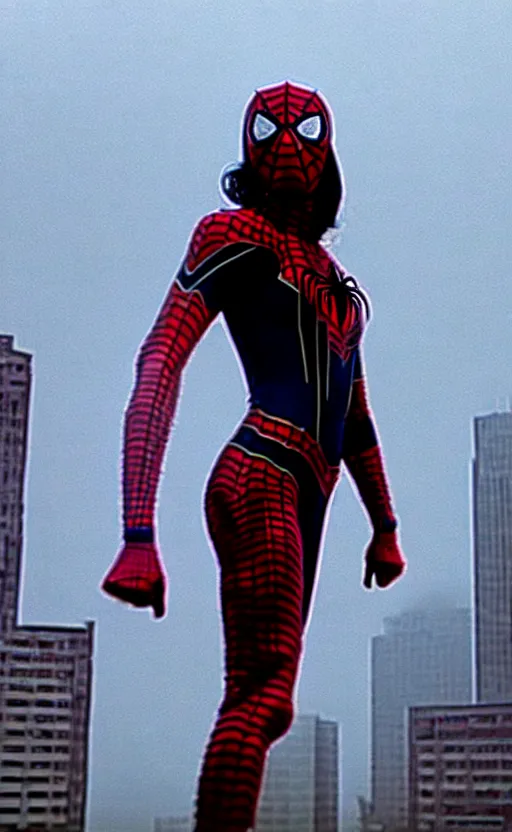 Prompt: film still of Spiderwoman standing heroic ,post apocalyptic, symmetrical