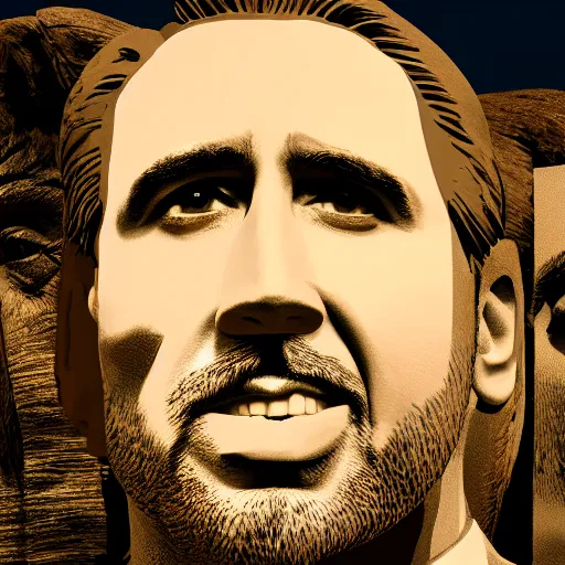 Prompt: nicolas cage in a mount rushmore, octane render, highly detailed digital art, digital photography, concept art, unreal engine, 4k, 8k, ultra HD, fun, laughs, dark humour