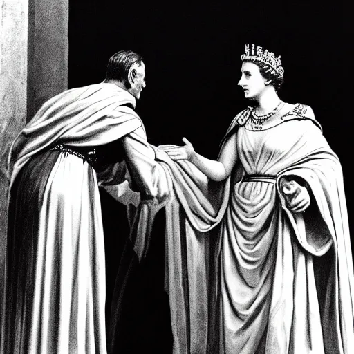 Image similar to detailed black and white photo of queen elizabeth ii meeting julius caesar in ancient rome