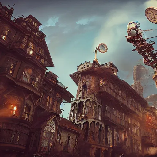 Image similar to flying steampunk fortress, extremely detailed, behrens style, unreal 5 render, fantasy digital art, octane render, beautiful composition, trending on artstation, award - winning photograph