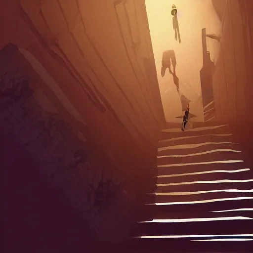 Image similar to wide shot of black cat walking down the stairs, outdoor, daytime, long shadows, highly detailed, warm colors, artstation, concept art, sharp focus, illustration, masterpiece