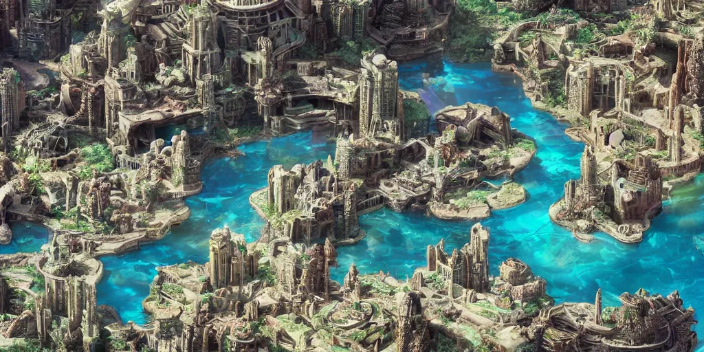 Image similar to Lost city of Atlantis surrounded by oil slick, Disney, hyper real, detailed, octane render, 8k,