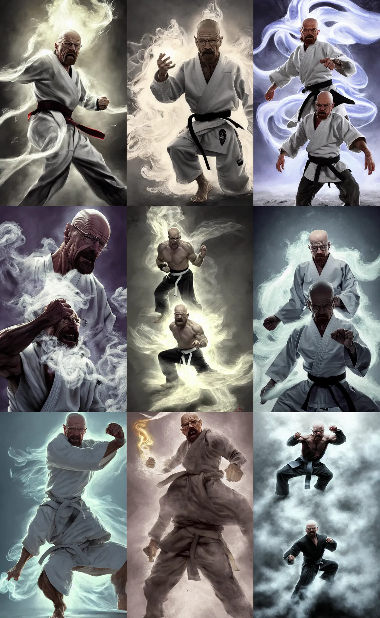 Prompt: Epic Concept art of grandmaster walter white wearing a white martial artist gi snarling angerly yelling, lean but muscular physique, powering up, squatting, bald head and white beard, emanating shockwaves around him fog fills the area, air is being pushed around him, character surrounded by wispy smoke, plain background, by Chen Uen, art by Yoji Shinkawa, 4k