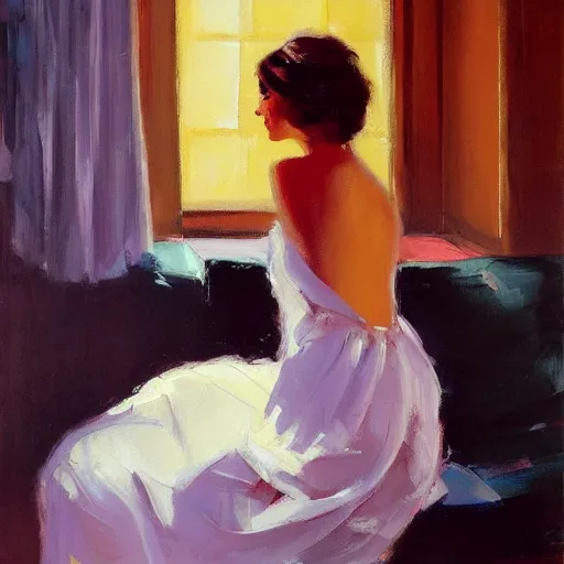 Image similar to an oil on canvas painting of a beautiful feminine woman from the 60's, leaning against the wall, living room, figurative art, studio portrait, detailed, deviantart, cgsociety, chiaroscuro, acrylic art, by Elmer Bischoff, by Michael Garmash