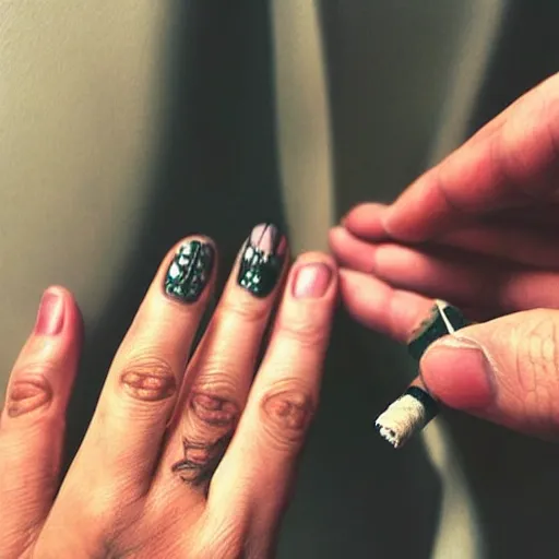 Prompt: Very very very very detailed, very very very very realistic artistic art of hand of a woman that holds cigarette between fingers, by very very very very talented artist in very very very very aesthetic photorealism style