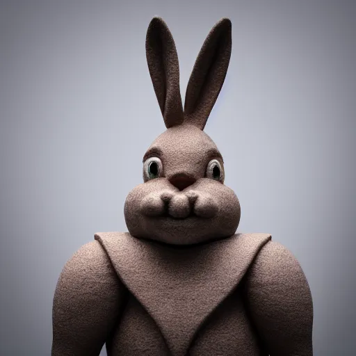 Image similar to a clay sculpture of a funny bunny, in the style of michelangelo, new york city background, hyper realistic, 3 d render