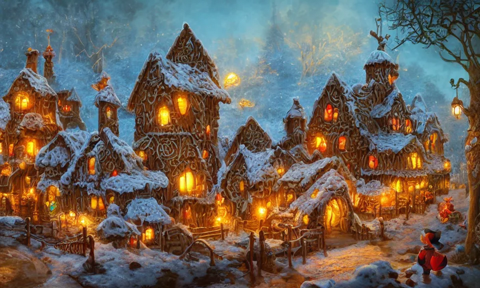 Prompt: gingerbread village, digital art, concept art, magic fantasy, scenic, vibrant colors, high contrast, highly detailed, trending on artstation, 8k, andreas rocha, sylvain sarrailh, darek zabrocki, finnian macmanus, dylan cole, liang mark, albert bierstadt, sung choi, peter mohrbacher, greg rutkowski, studio ghibli