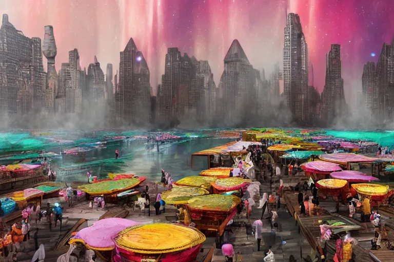 Prompt: floating markets of times square on new york on danakil depression with acid pools in grand mount roraima during sakura season on an interstellar aurora borealis, pink waterfalls, vendors, festivals, fun, by peter mohrbacher, james jean, james gilleard, greg rutkowski, vincent di fate, rule of thirds, octane render, beautiful landscape