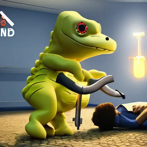 Image similar to crocodile crocodile dressed as a surgeon operating on a patient, fluorescent lightning, unreal engine 5