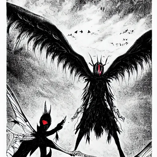 Image similar to 4K headshot of mothman holding something and bloody clothes with giant wings , intricate face , flawless anime cel animation by Kentaro Miura,psychedelic , highly detailed upper body , professionally post-processed , beautiful, scary, symmetry accurate features, epic, octane rendered, anime masterpiece, accurate