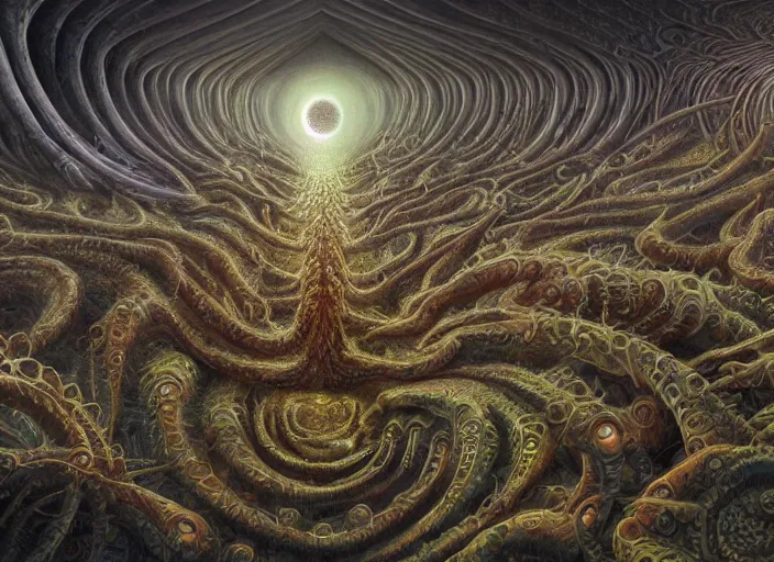 Image similar to acid trip of the fractal end of the world by giger and vladimir kush, crowd of people in the center, big tentacle in bottom right, au naturel, hyper detailed, digital art, trending in artstation, cinematic lighting, studio quality, smooth render, octane rendered...