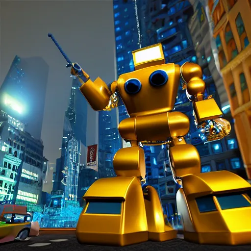 Image similar to Gigantic tin toy robot destroying new york at night, volumetric lighting, low angle looking up, unreal engine, H 1280