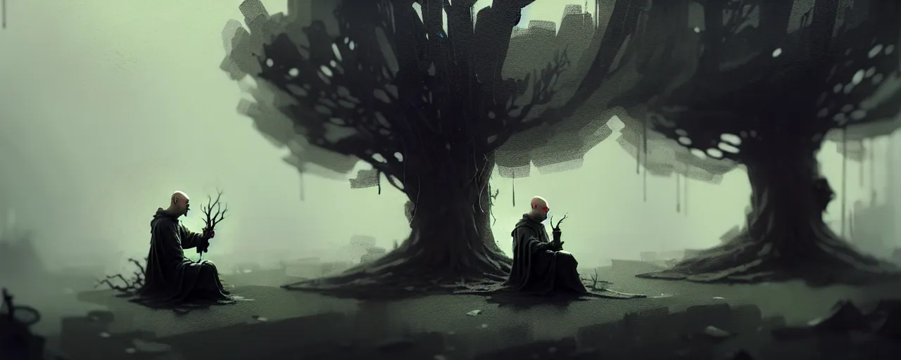 Image similar to duotone noir illustration of bald merchant demon sitting below willow tree in medieval brown tunic. foggy evening. dark dream atmosphere, by sachin teng and sergey kolesov and ruan jia and heng z. graffiti art, scifi, fantasy, hyper detailed. octane render. concept art. trending on artstation