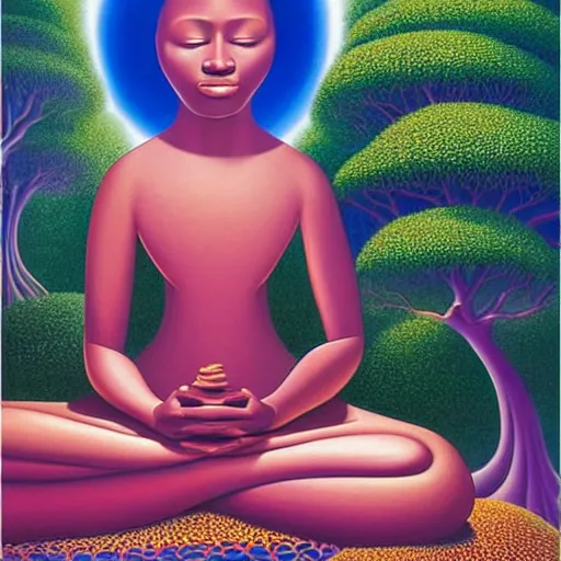 Prompt: an african woman with a golden glow meditating in an african zen garden with a baobab tree by evgeni gordiets, thomas blackshear, and alex grey, oil on canvas