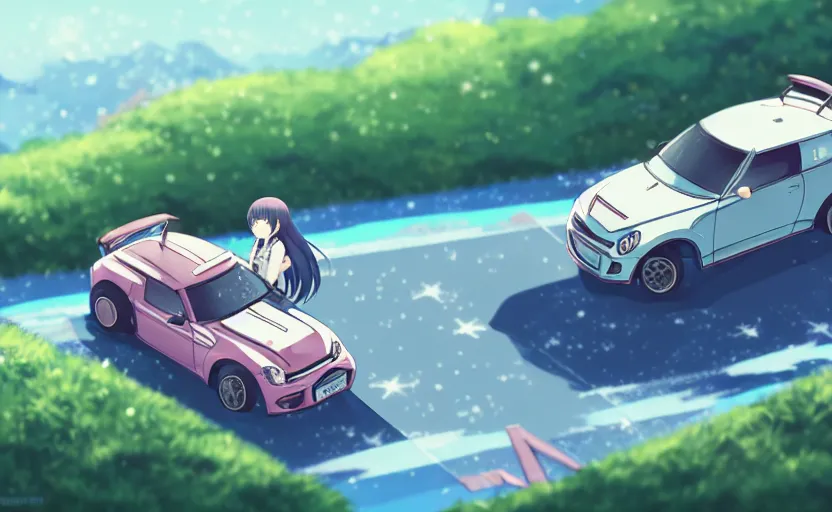 Image similar to a high school girl is watching a mini 4 wd move, clear summer sky background, lush landscape, illustration concept art anime key visual trending pixiv fanbox by wlop and greg rutkowski and makoto shinkai and studio ghibli and kyoto animation, tamiya miniature cars, hyper dash motor, carbon components, small scale racing