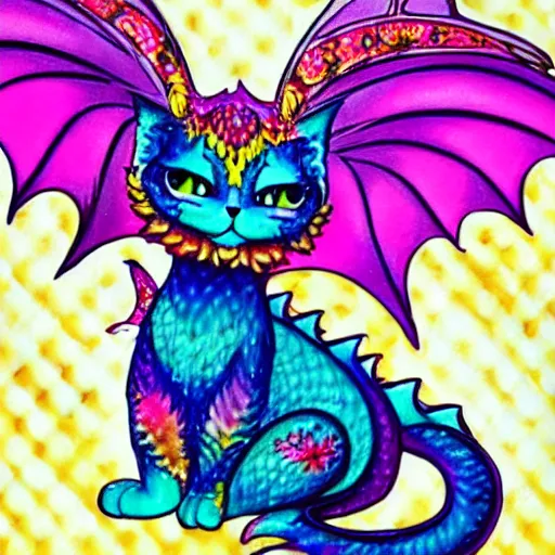 Image similar to a very cute fantasy cat with beautiful dragon wings by lisa frank