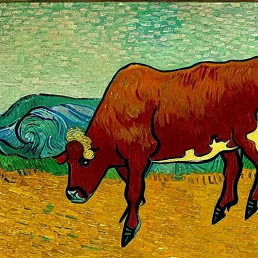 Image similar to a brown cow falling down an endless flight of stairs, van gogh painting