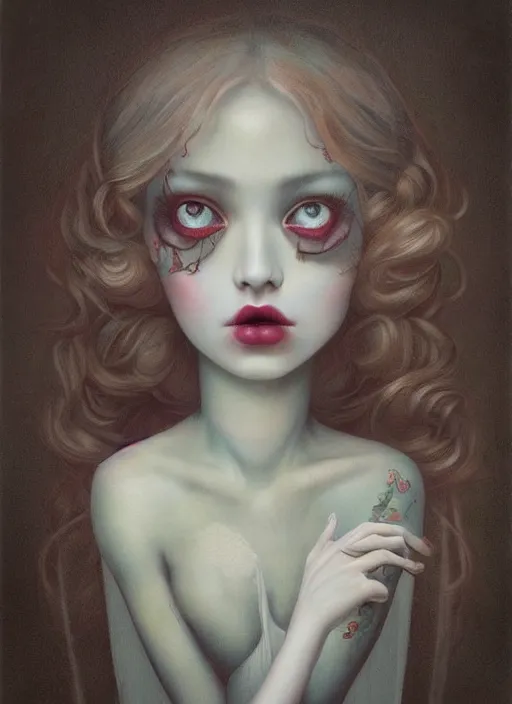 Prompt: pop surrealism, lowbrow art, realistic cute seductive female painting, romantic transparent gown, hyper realism, muted colours, rococo, natalie shau tom bagshaw, mark ryden, trevor brown style,