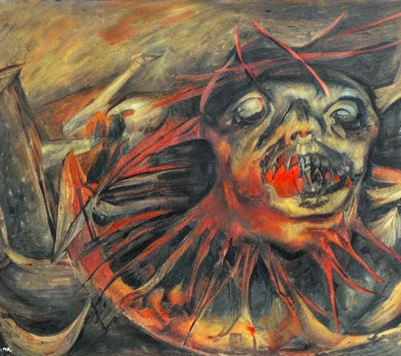 Image similar to a dead fish in the style of otto dix's der krieg, oil painting