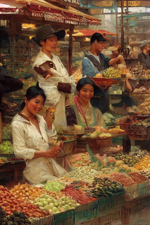 Prompt: asian food market, painting by gaston bussiere, craig mullins, j. c. leyendecker