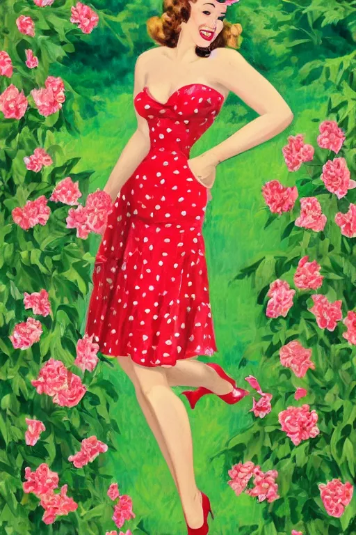 Image similar to a full view portrait of a beautifull woman, wearing a dress,with a beautifull smile,a garden background.in american style pin up.anatomically correct