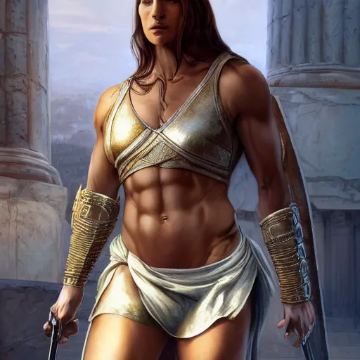 Image similar to Epic portrait, an muscular female spartan, greece, akropolis, glossy skin, beauty, digital painting, artstation, concept art, soft light, hdri, smooth, sharp focus, illustration, fantasy, intricate, elegant, highly detailed, D&D, matte painting, in the style of Greg Rutkowski and Alphonse Mucha and artemisia, 8k,